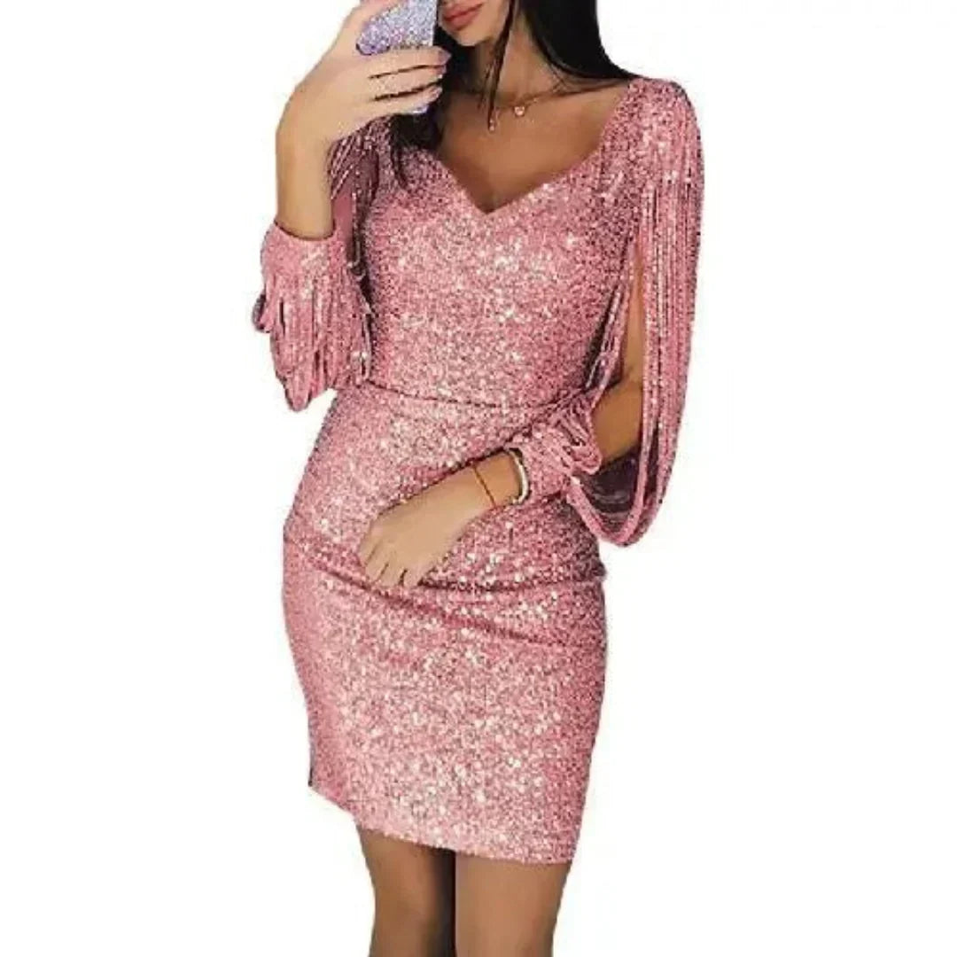 Unisex Mini Sequined Evening Dress with V-Neck