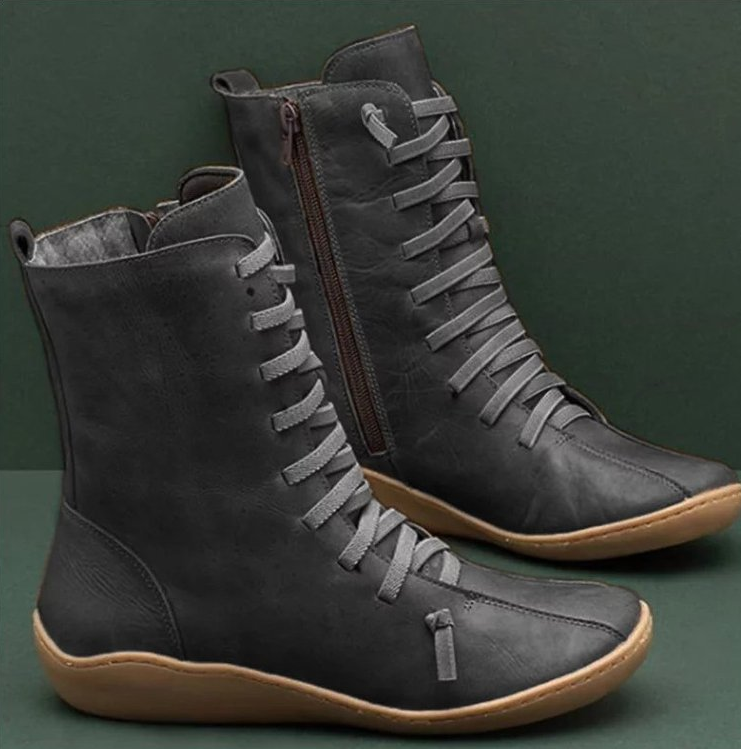 Lila | Women's Faux Leather Lace Up Boots Flat Mid Calf