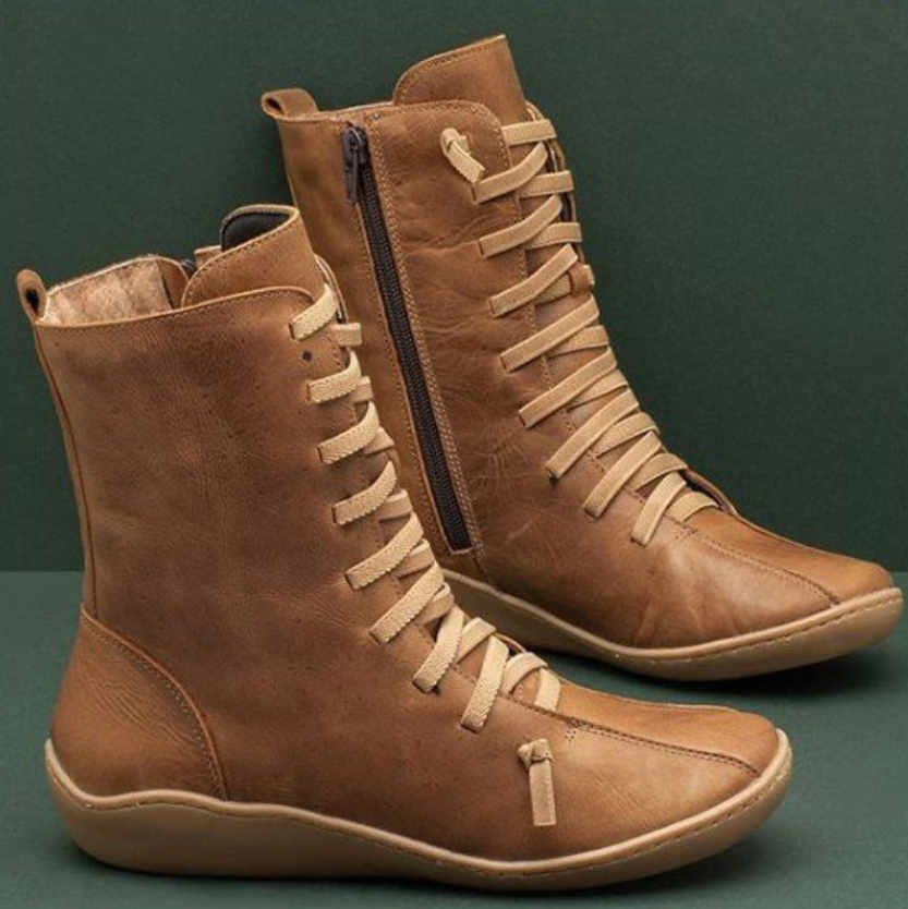 Lila | Women's Faux Leather Lace Up Boots Flat Mid Calf