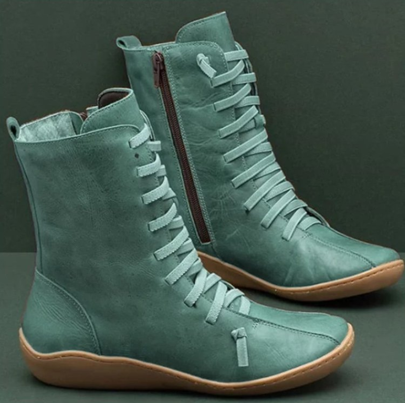 Lila | Women's Faux Leather Lace Up Boots Flat Mid Calf