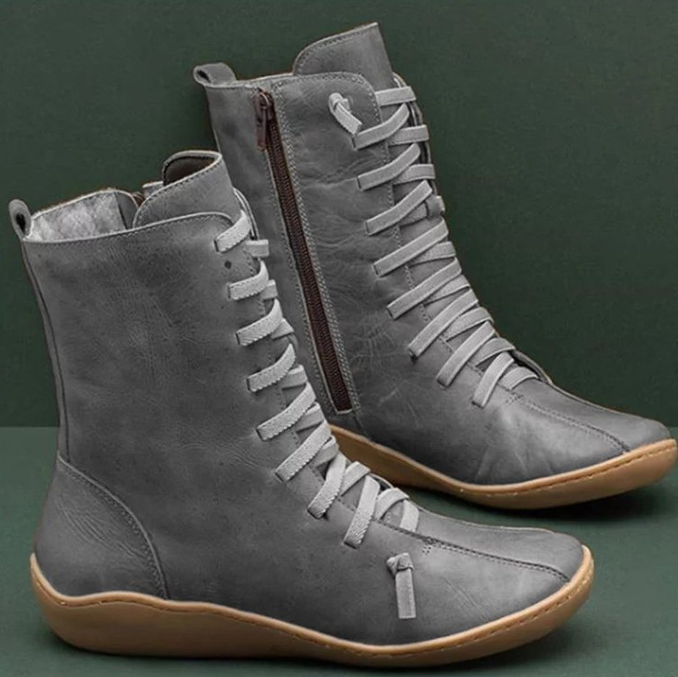 Lila | Women's Faux Leather Lace Up Boots Flat Mid Calf