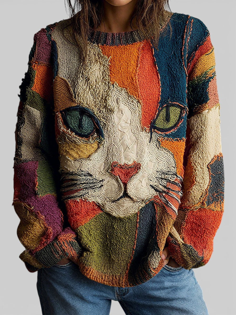 Adeline | Women's Cat Print Knit Sweater Crew Neck Pullover