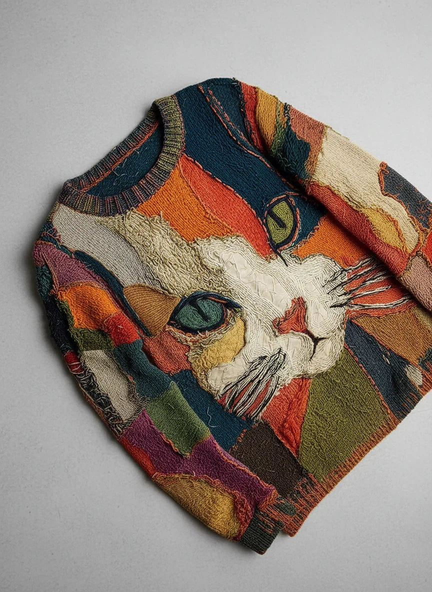 Adeline | Women's Cat Print Knit Sweater Crew Neck Pullover
