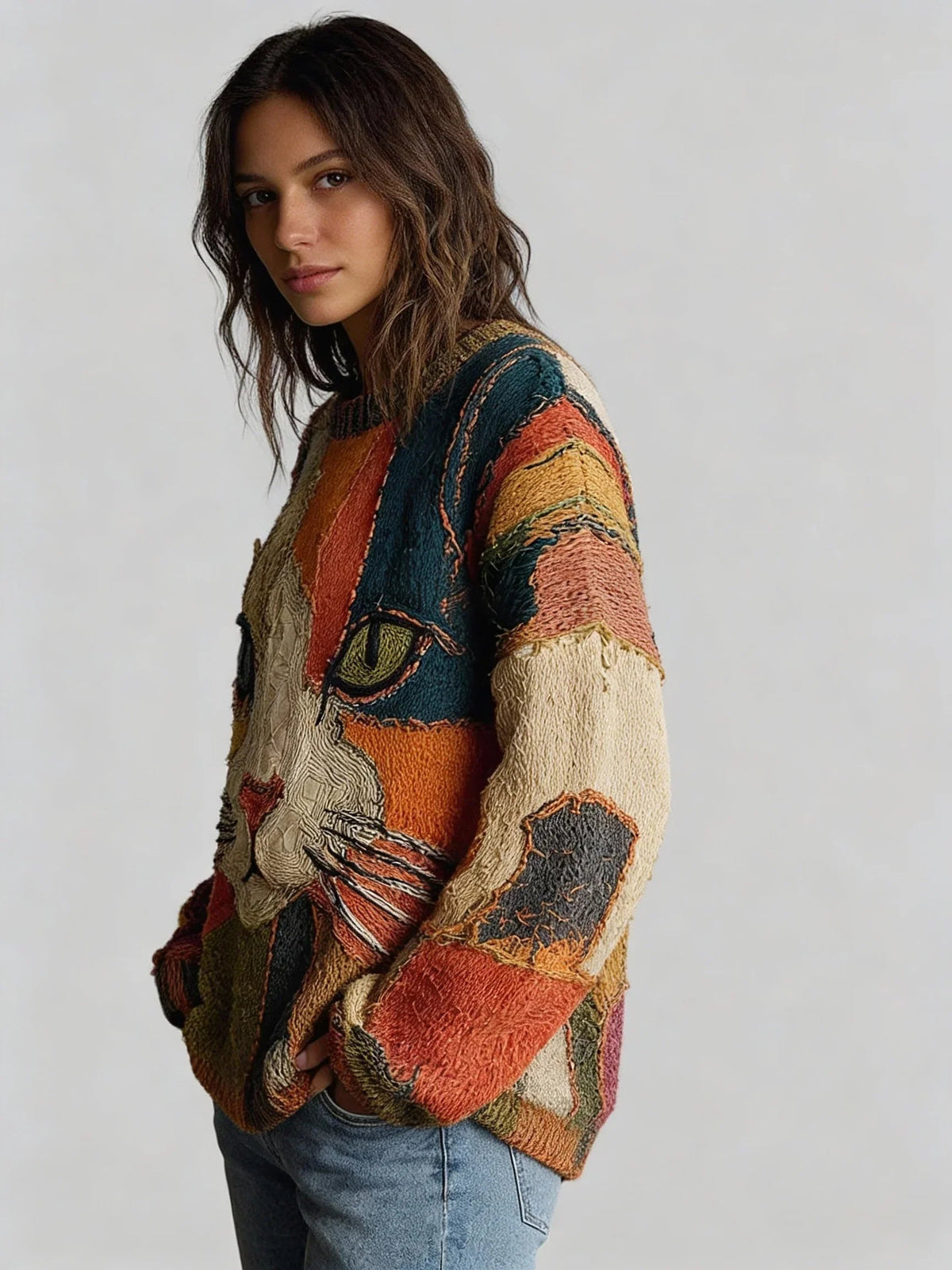 Adeline | Women's Cat Print Knit Sweater Crew Neck Pullover