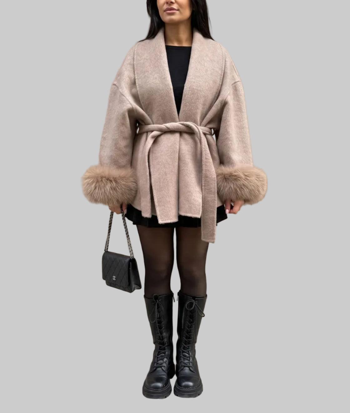 Nora - Women's Belted Coat with Faux-Fur Cuffs
