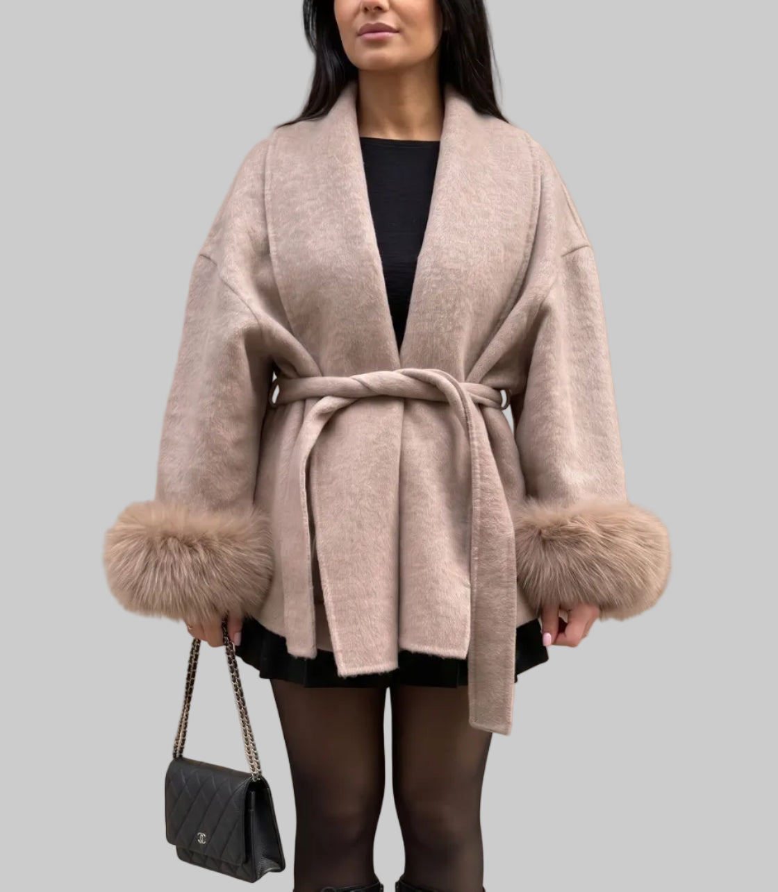 Nora - Women's Belted Coat with Faux-Fur Cuffs