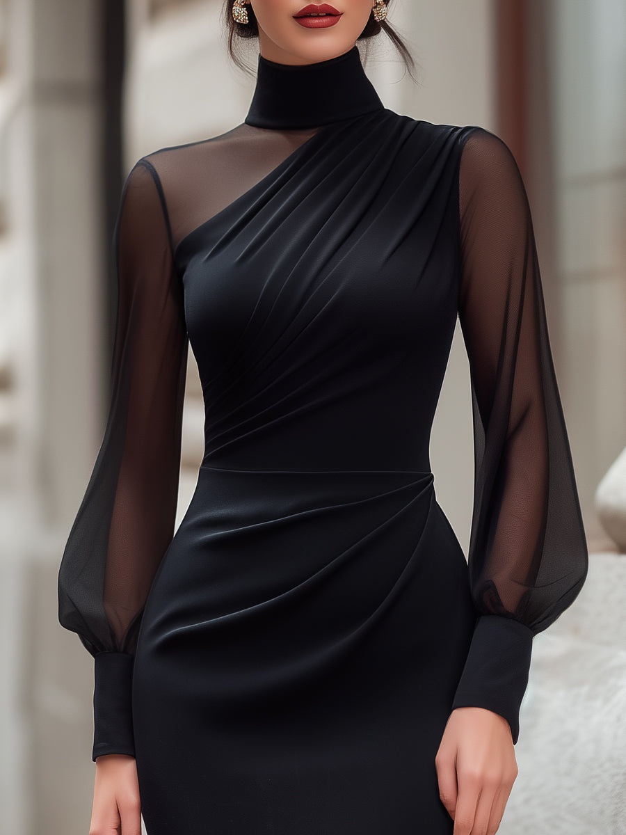 Norah - Women's Turtleneck Draped Bodycon Dress with Sheer Balloon Sleeves