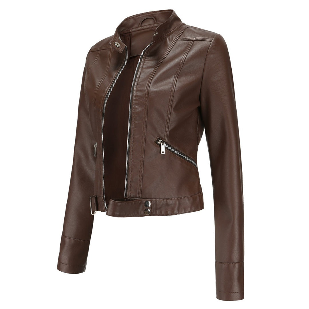 Leila | Women's Faux Leather Jacket Biker Stand Collar Zip Up