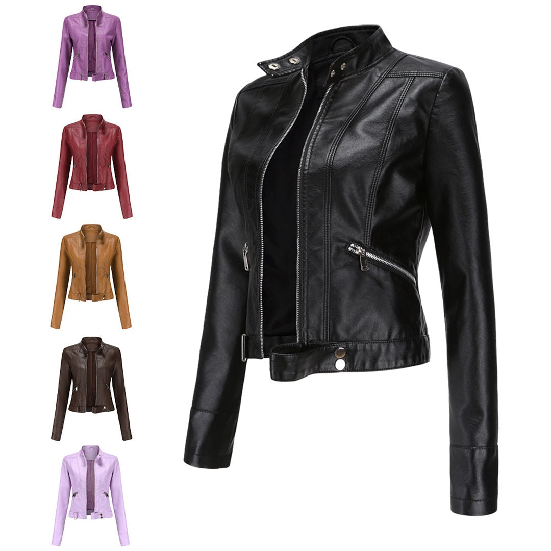 Leila | Women's Faux Leather Jacket Biker Stand Collar Zip Up