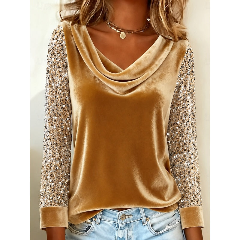 Women's Cowl Neck Top with Sequin Sleeves