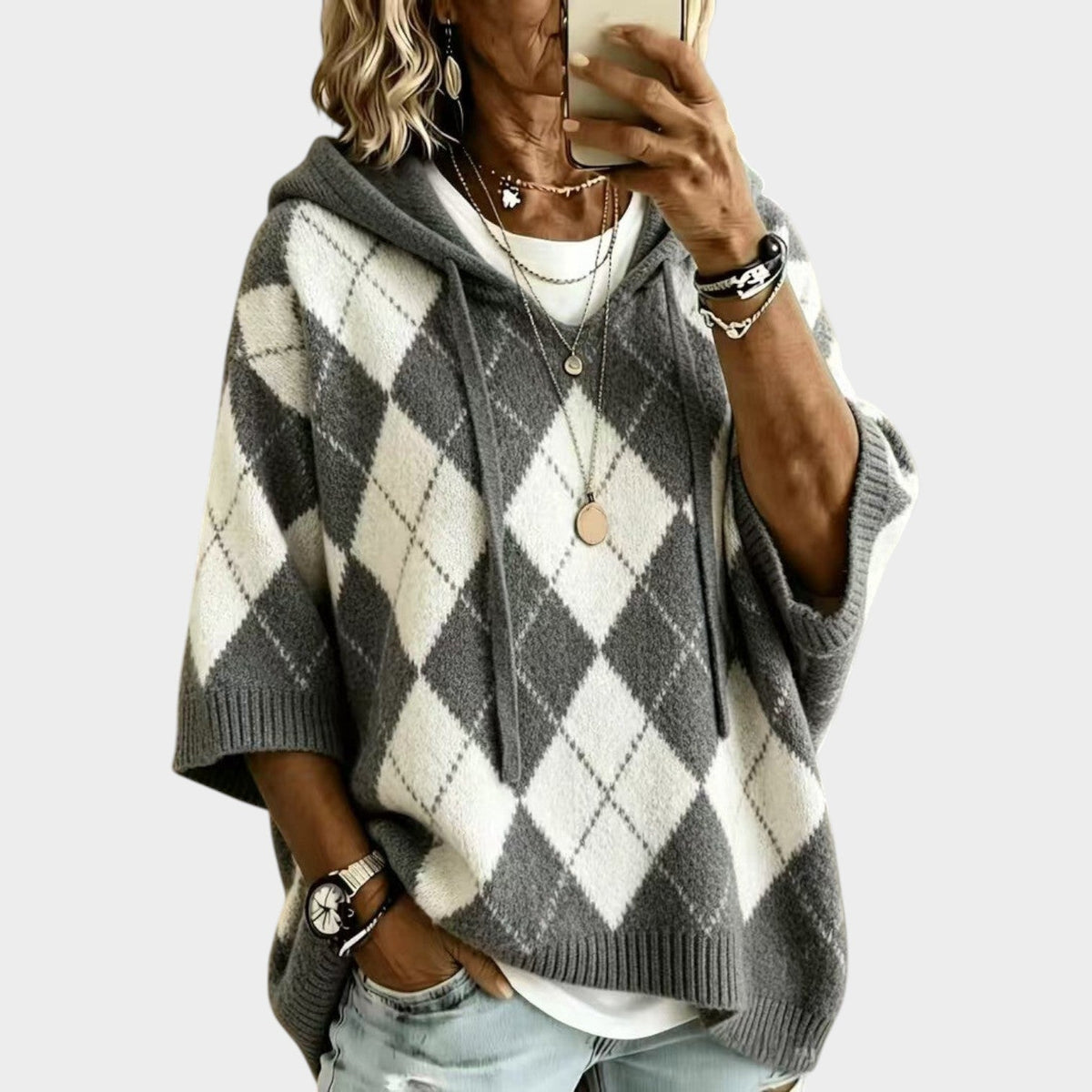 Marlowe Cozy Argyle Hooded Batwing Sweater