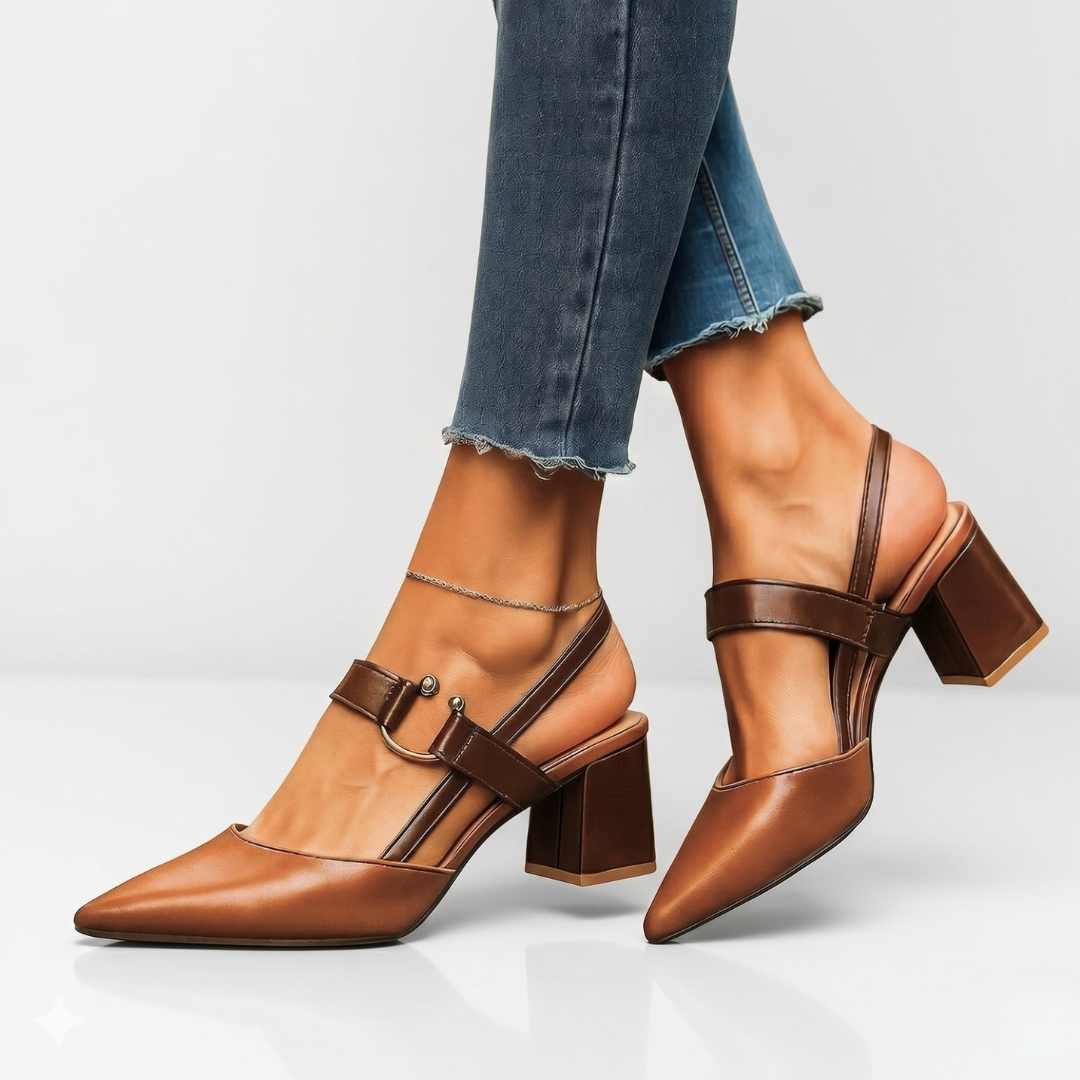 Women's Pointed Block Heel Slingback Shoes with Ankle Strap