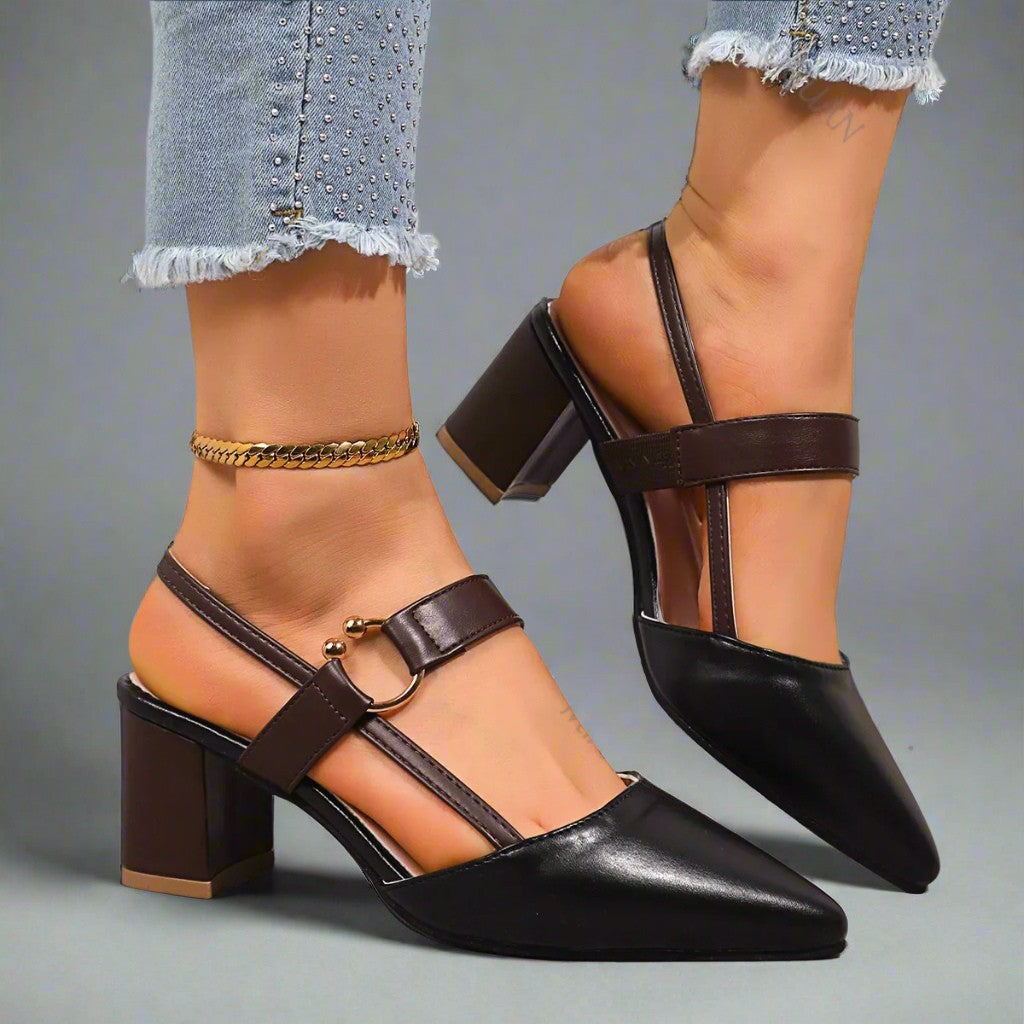 Women's Pointed Block Heel Slingback Shoes with Ankle Strap