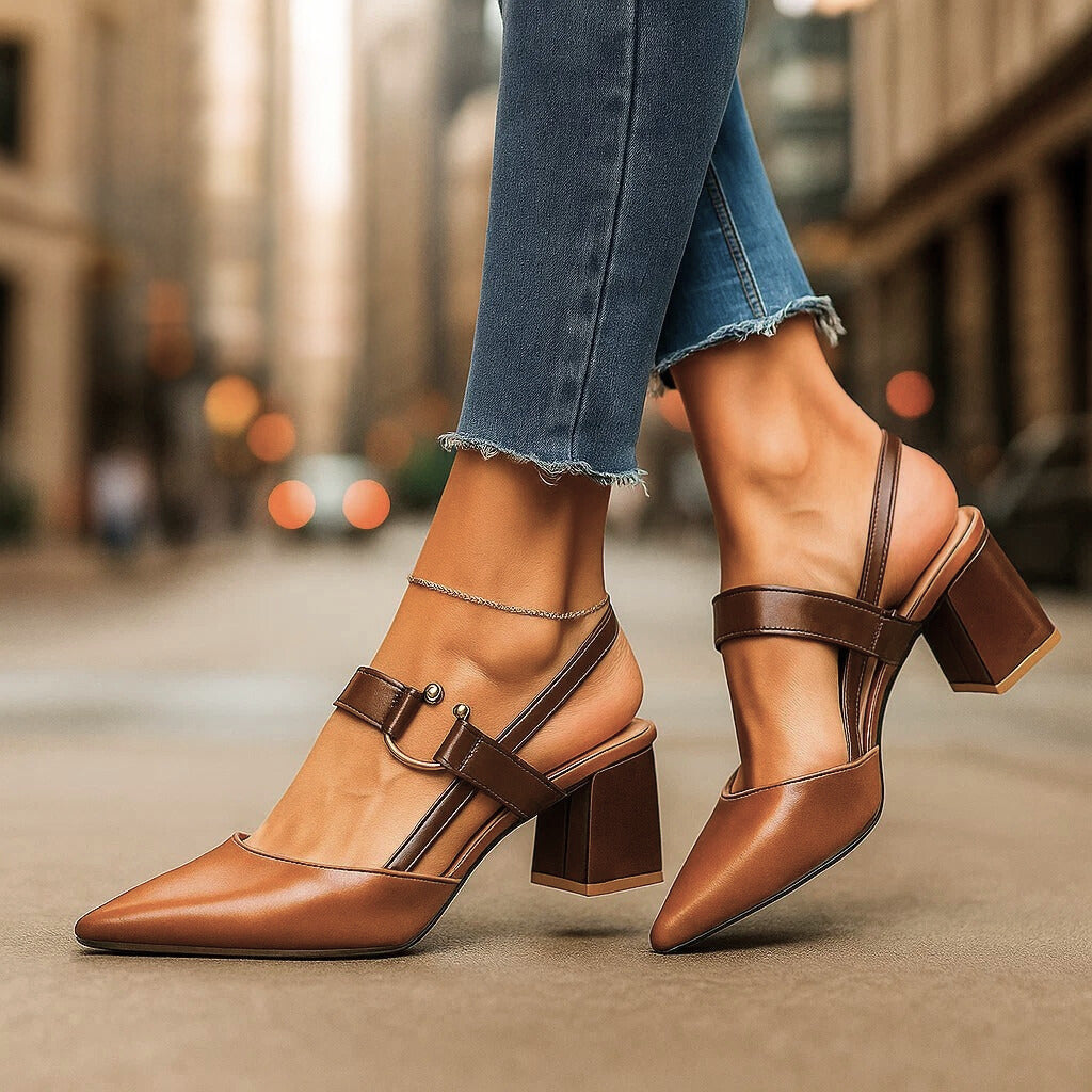 Women's Pointed Block Heel Slingback Shoes with Ankle Strap