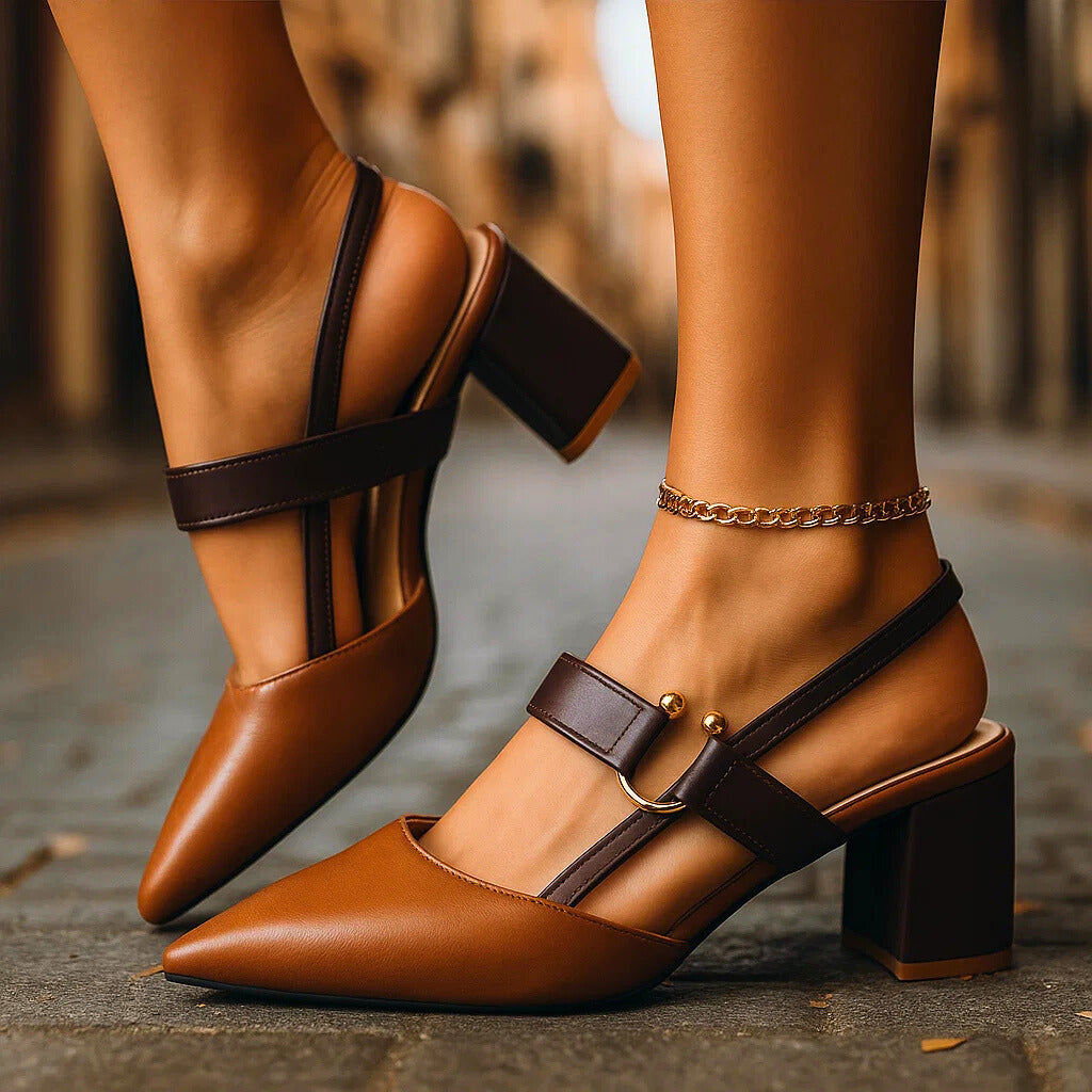 Women's Pointed Block Heel Slingback Shoes with Ankle Strap