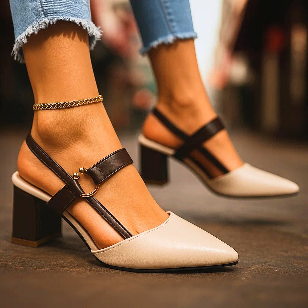 Women's Pointed Block Heel Slingback Shoes with Ankle Strap