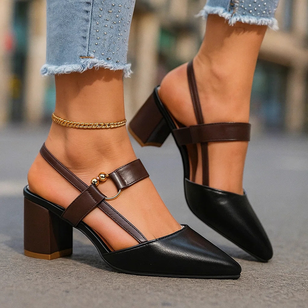 Women's Pointed Block Heel Slingback Shoes with Ankle Strap