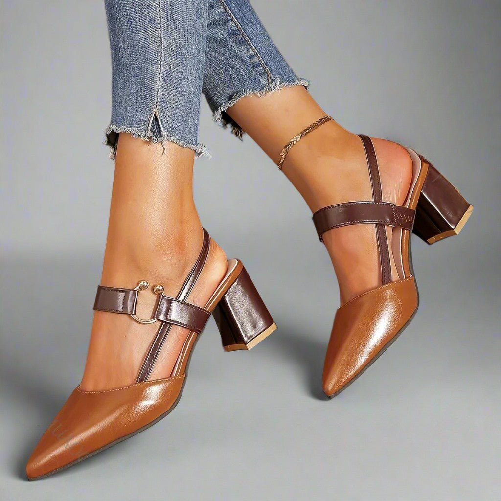 Women's Pointed Block Heel Slingback Shoes with Ankle Strap