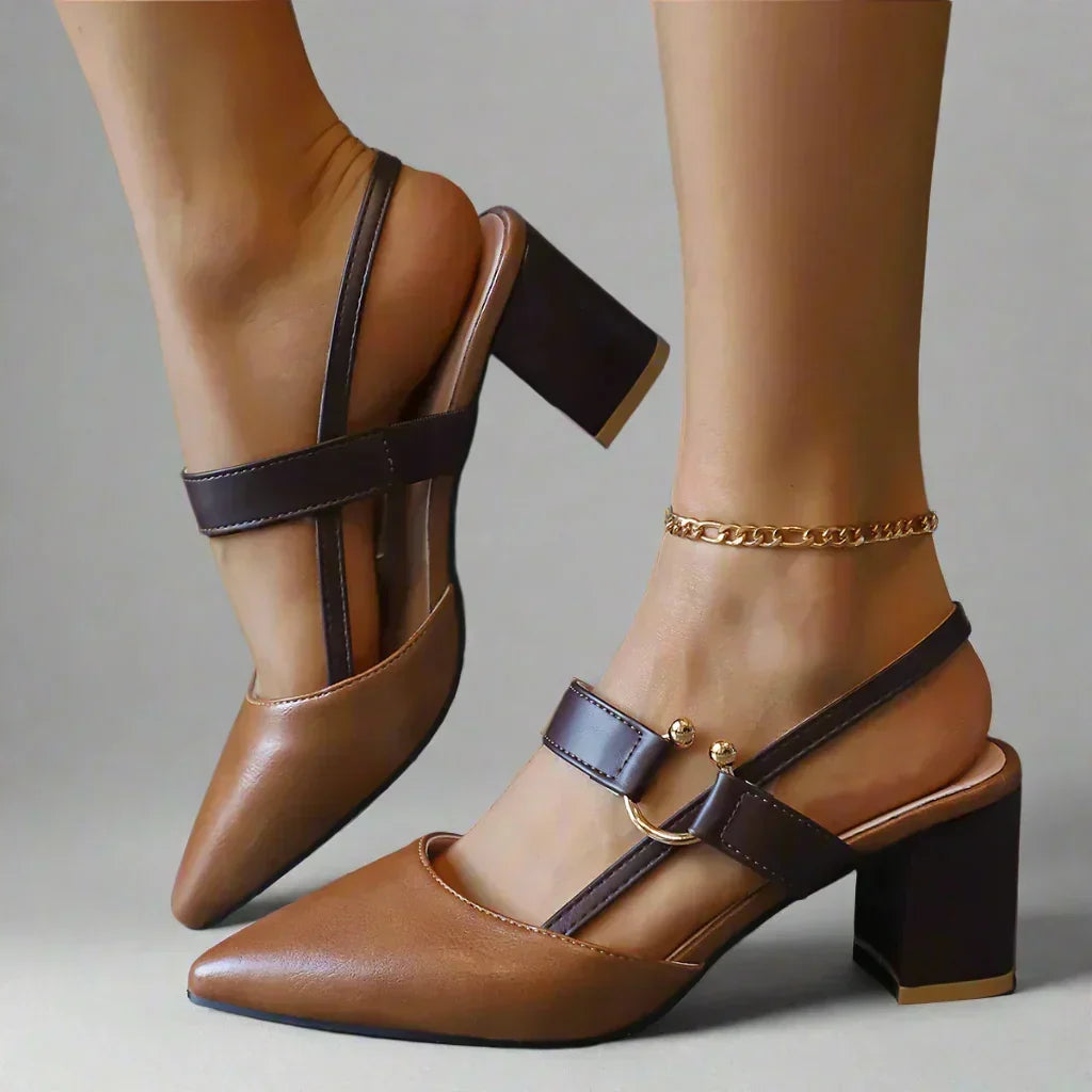 Women's Pointed Block Heel Slingback Shoes with Ankle Strap