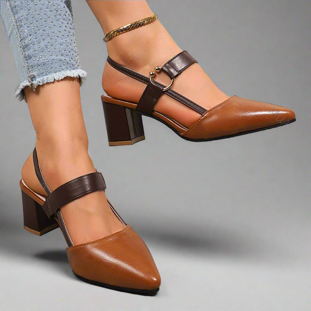 Women's Pointed Block Heel Slingback Shoes with Ankle Strap