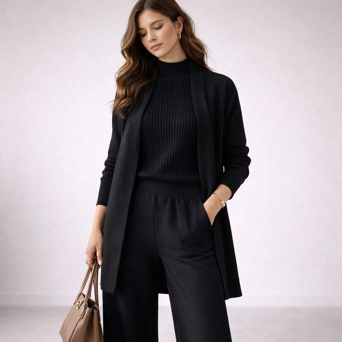 Cecilia | Women's 3 Piece Knit Set Long Cardigan Wide Leg Pants Lounge