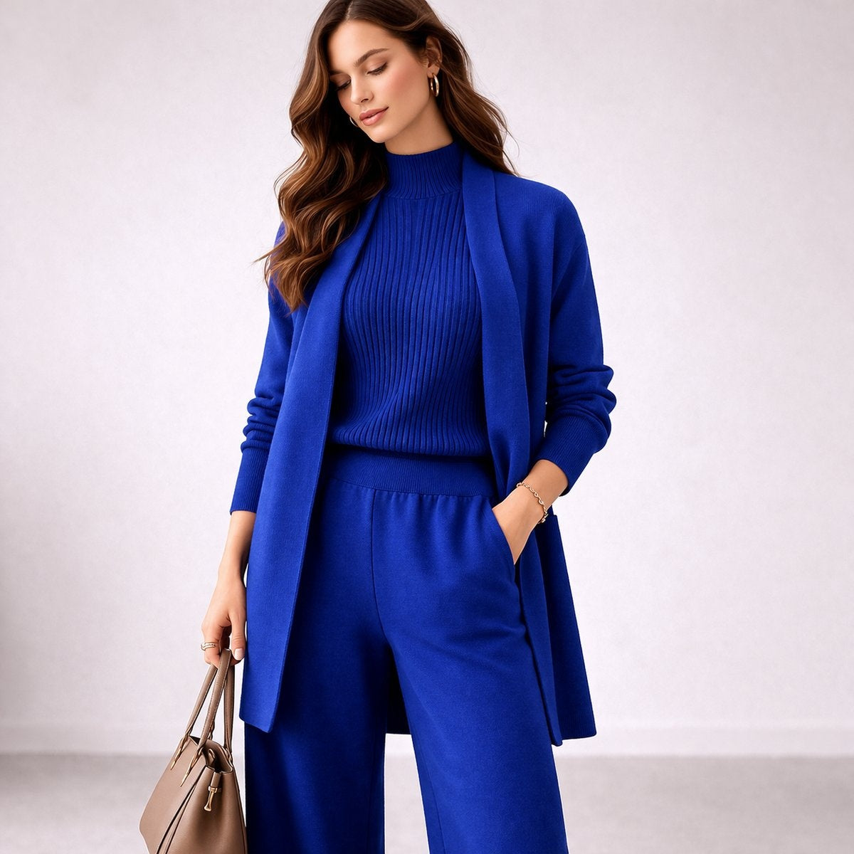 Cecilia | Women's 3 Piece Knit Set Long Cardigan Wide Leg Pants Lounge