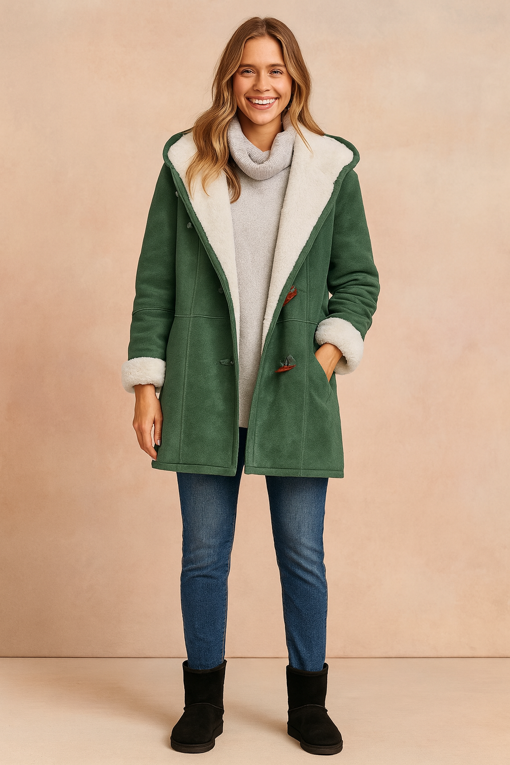 Women's Cosy Hooded Winter Duffle Jacket with Soft Fleece Lining and Toggle Button Fastening – Relaxed Fit Mid-Length Warm Casual Outerwear with Front Pockets for Autumn and Winter Everyday Wear