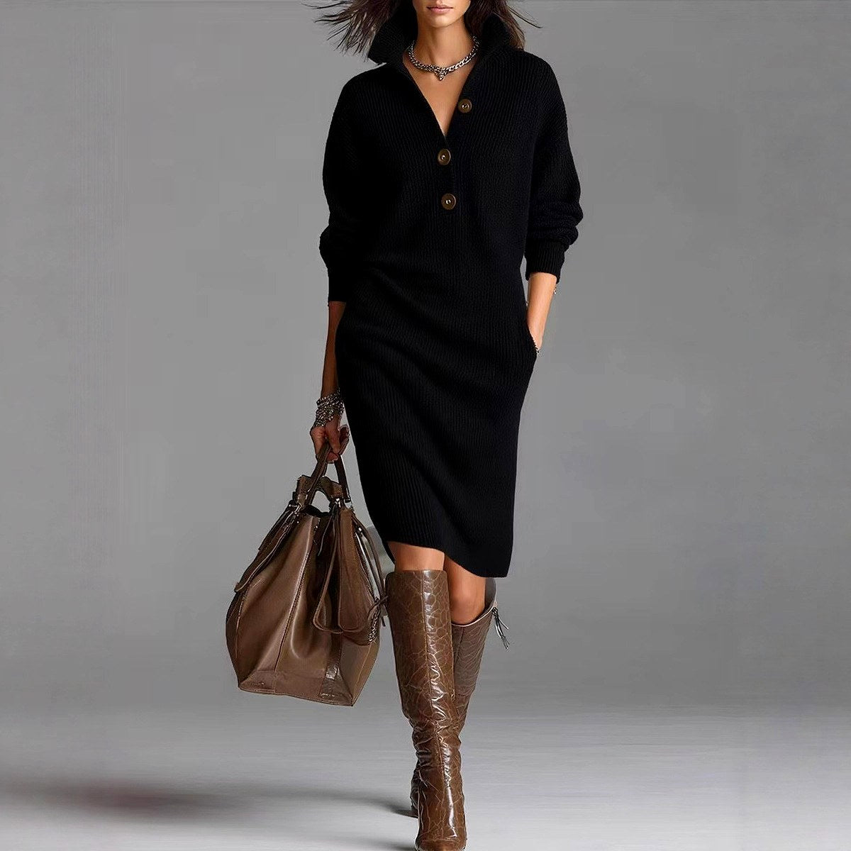 Olive - Women's Ribbed Knit Button Collar Sweater Dress