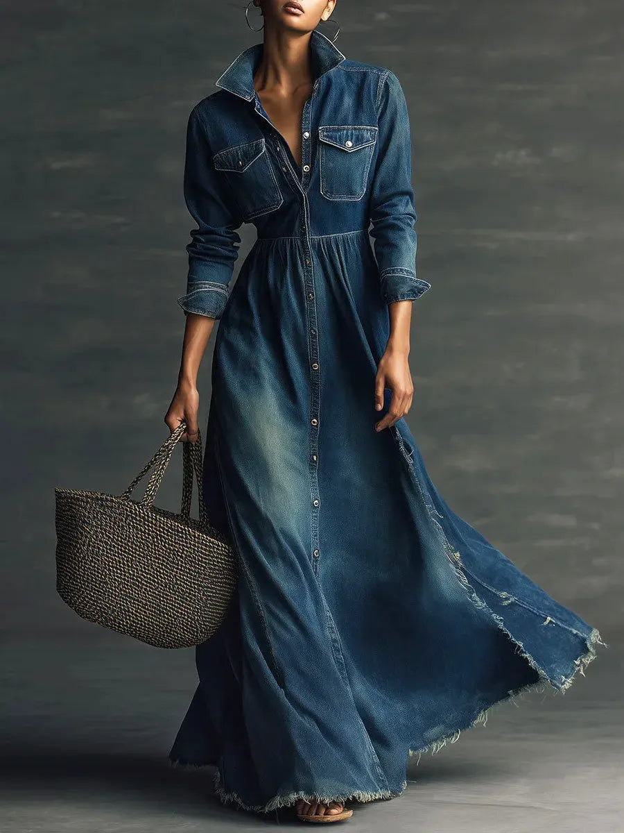 Aurora - Stylish Art Stand Collar Washed Denim Midi Dress