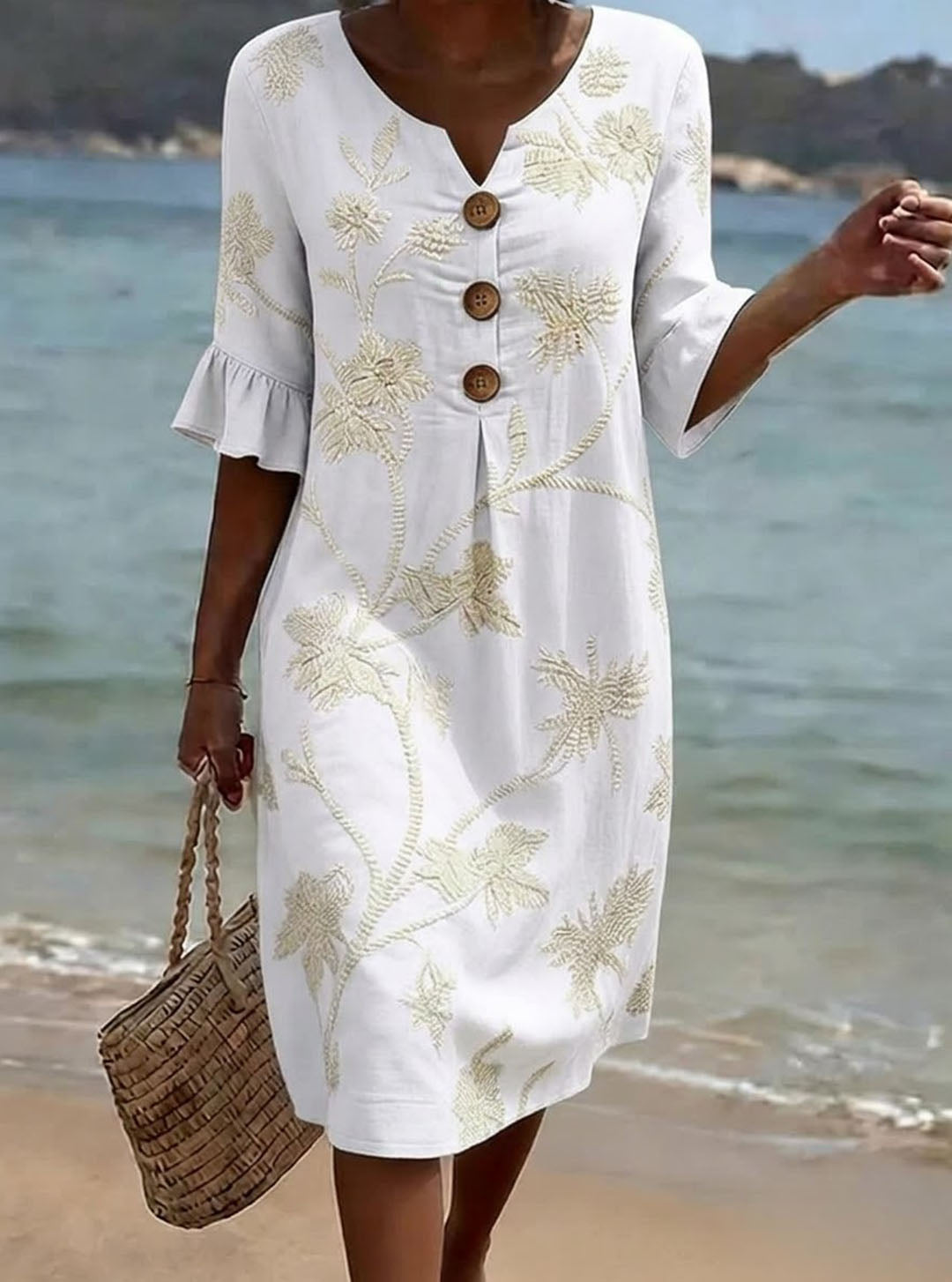 Eloise | 3/4 Sleeve V-Neck Floral Print Casual Cotton-Linen Dress