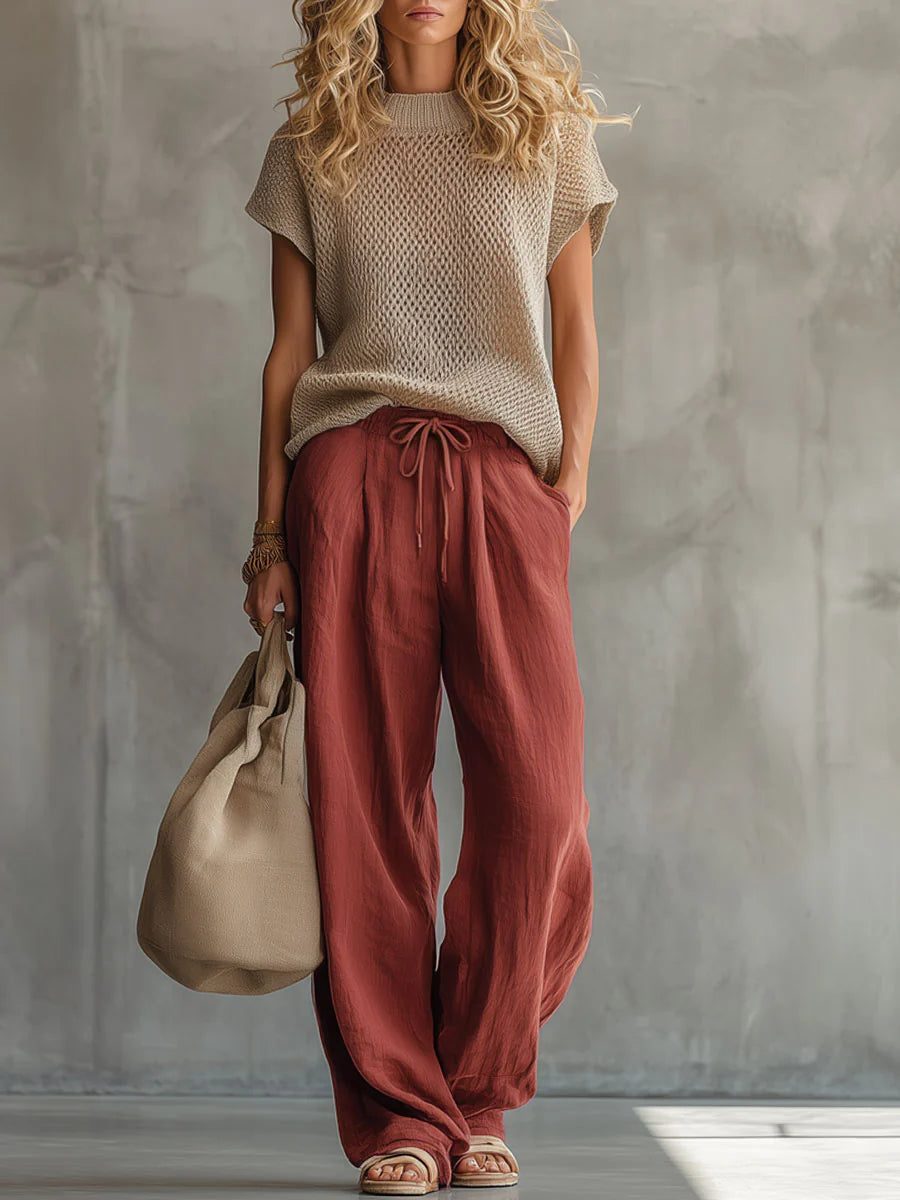 Casual Crew Neck Loose Fit Knitted Pullover Top And Linen-cotton Trousers Two-piece Set