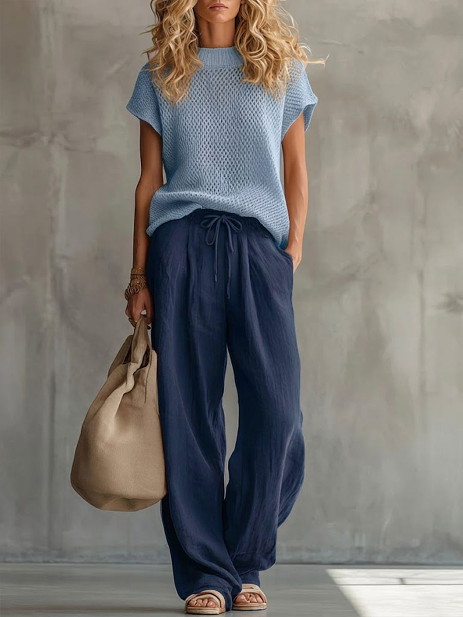 Casual Crew Neck Loose Fit Knitted Pullover Top And Linen-cotton Trousers Two-piece Set