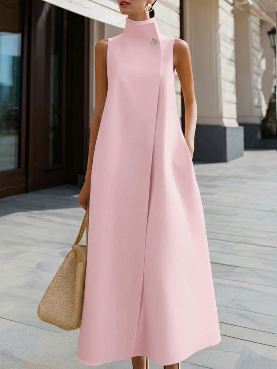 Hailey | Solid Color Stand Collar Sleeveless Casual Loose Cotton Linen Dress
