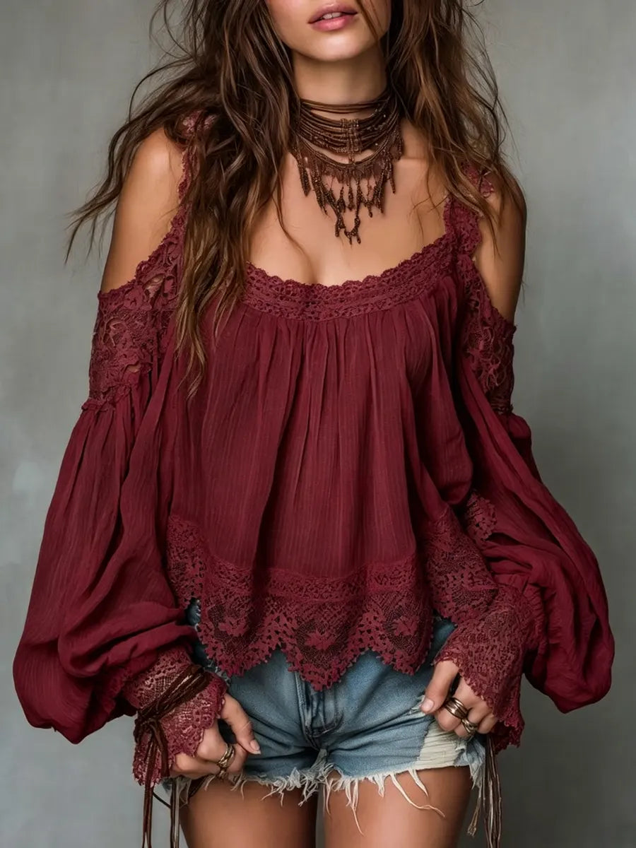 Women's Long Sleeve Off-shoulder Lace Trim Blouse Top