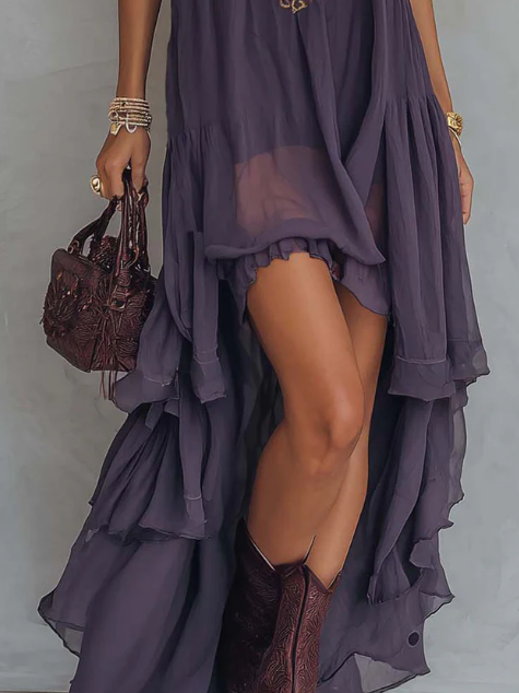 Sarah - Retro Halter Neck Irregular Ruffle Maxi Dress