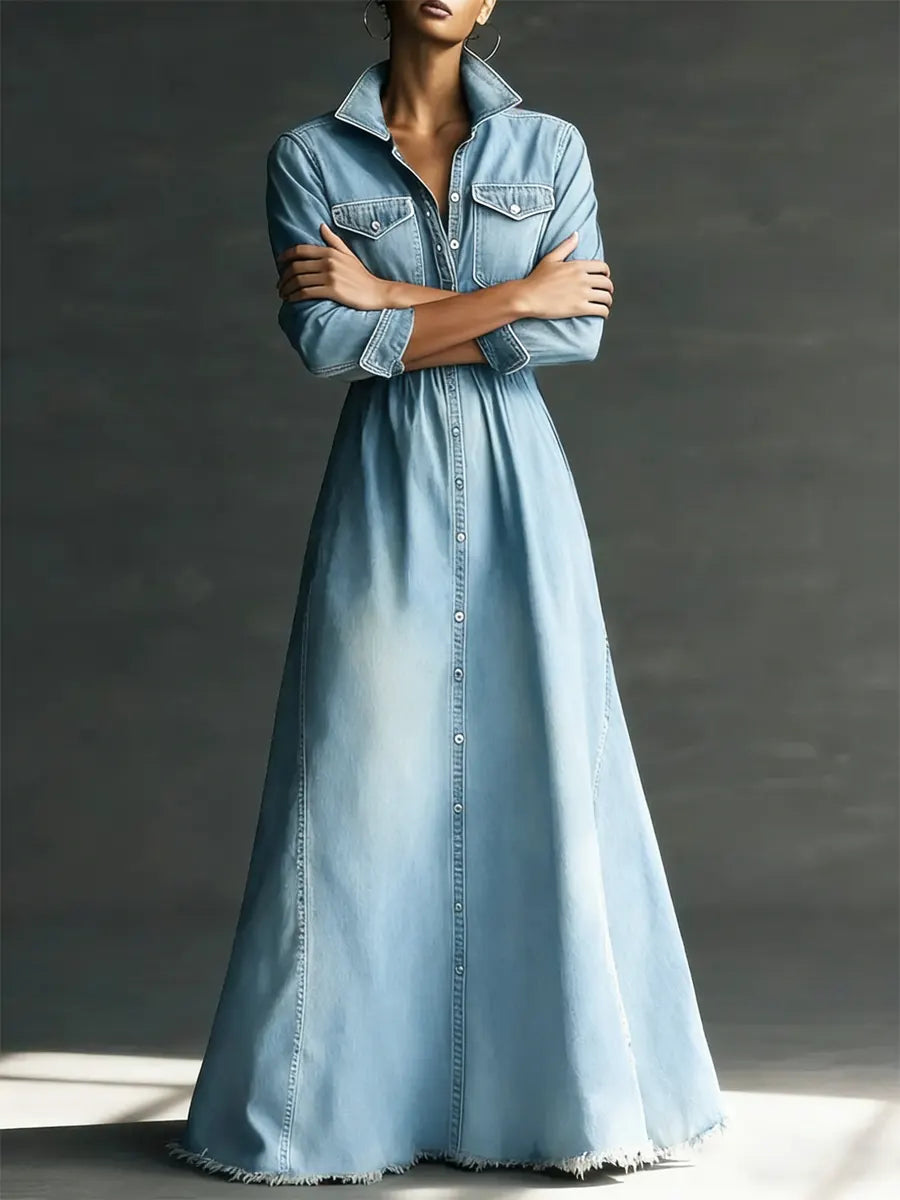 Aurora - Stylish Art Stand Collar Washed Denim Midi Dress