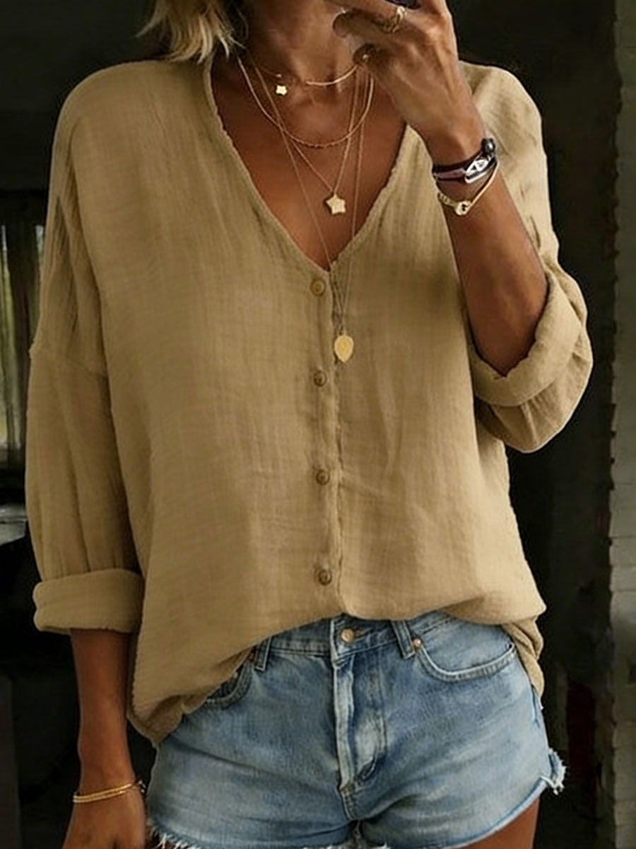 Women's Cotton Linen Loose V-Neck Button Front Solid Color Long-sleeved Shirt