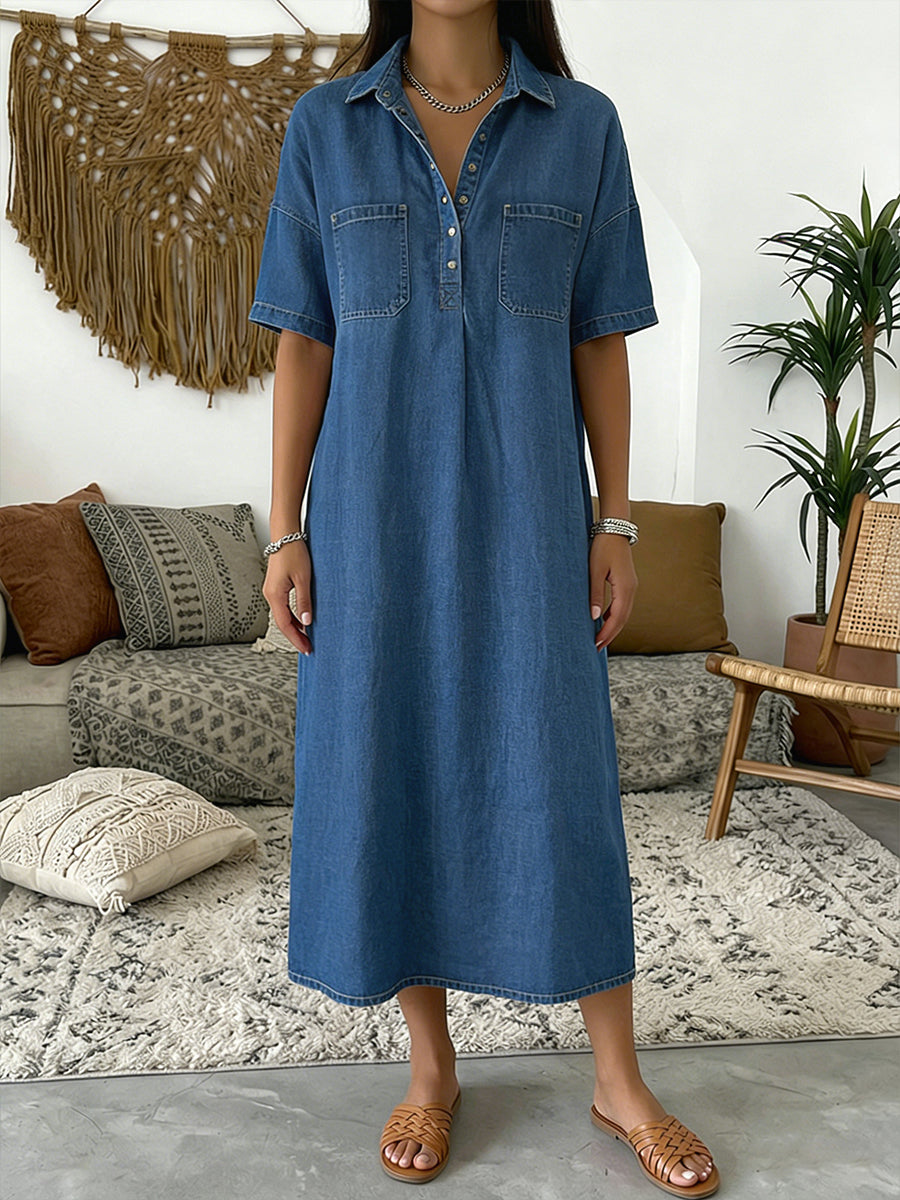 Maya | Casual Short-sleeved Polo Collar Denim Dress