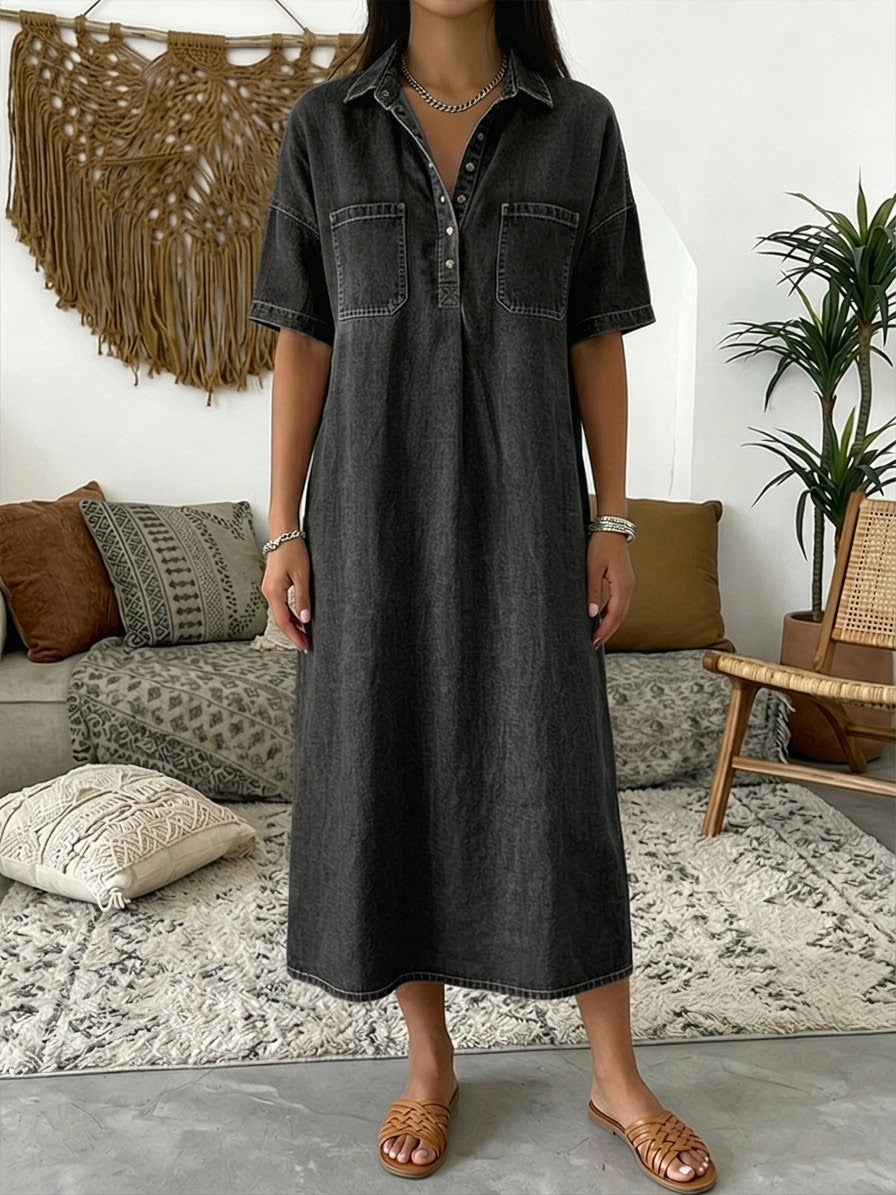 Maya | Casual Short-sleeved Polo Collar Denim Dress