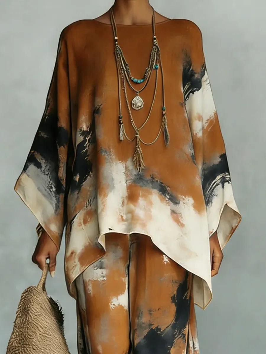Women's Vintage Art Long Sleeve Printed Comfortable Loose Cotton Linen Wide-leg Pants Two-piece Set