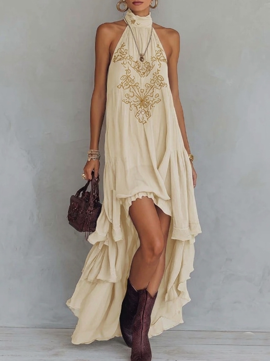 Sarah - Retro Halter Neck Irregular Ruffle Maxi Dress