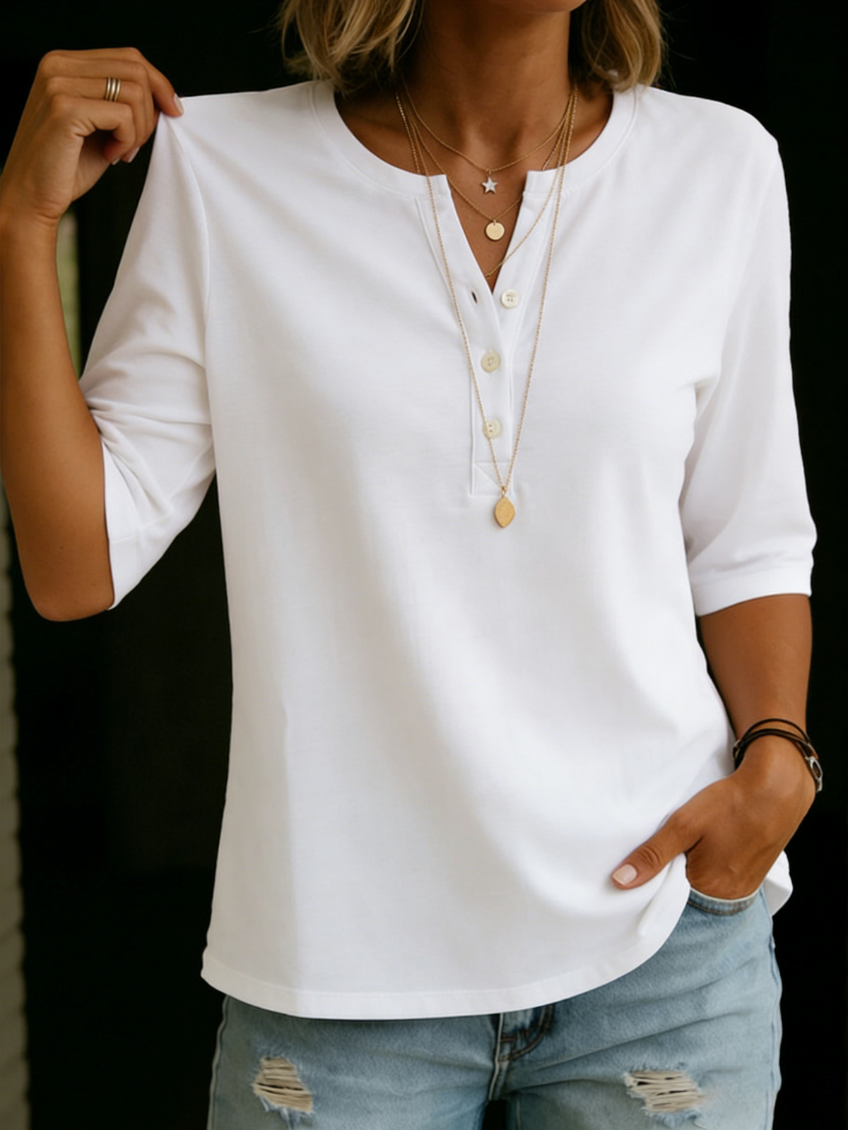 Evelyn – Classic Henley Collar 100% Cotton T-shirt
