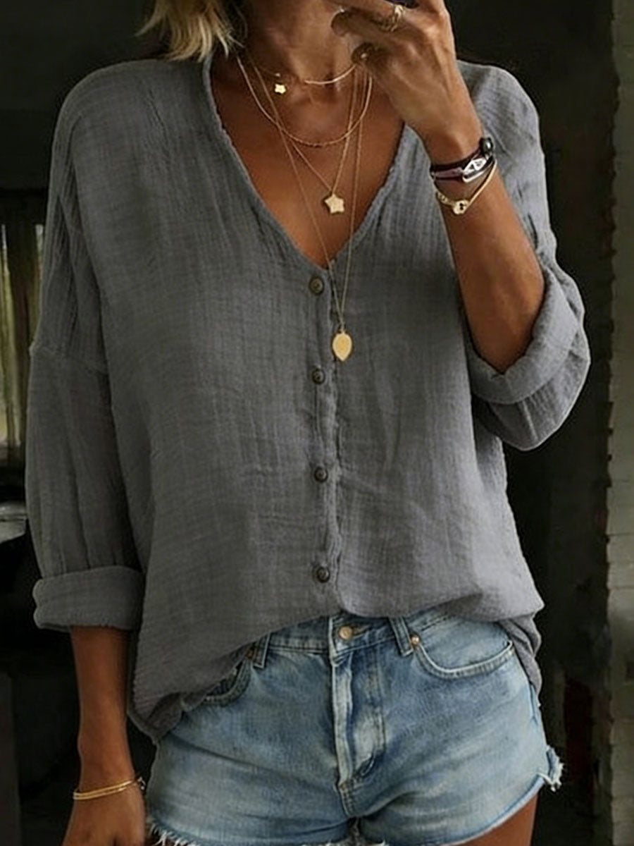 Women's Cotton Linen Loose V-Neck Button Front Solid Color Long-sleeved Shirt