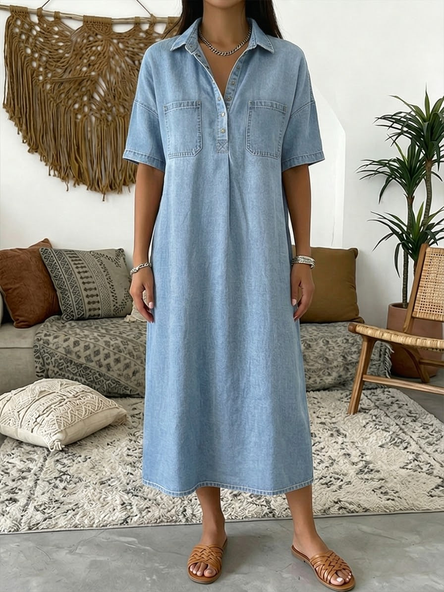 Eva | Casual Short-sleeved Polo Collar Denim Dress
