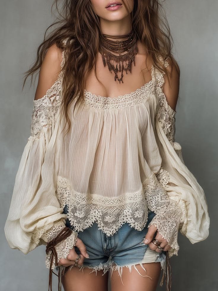 Women's Long Sleeve Off-shoulder Lace Trim Blouse Top