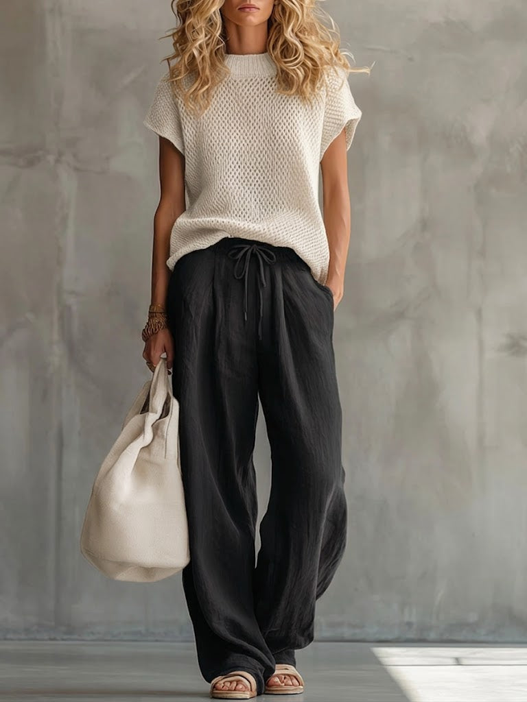 Casual Crew Neck Loose Fit Knitted Pullover Top And Linen-cotton Trousers Two-piece Set