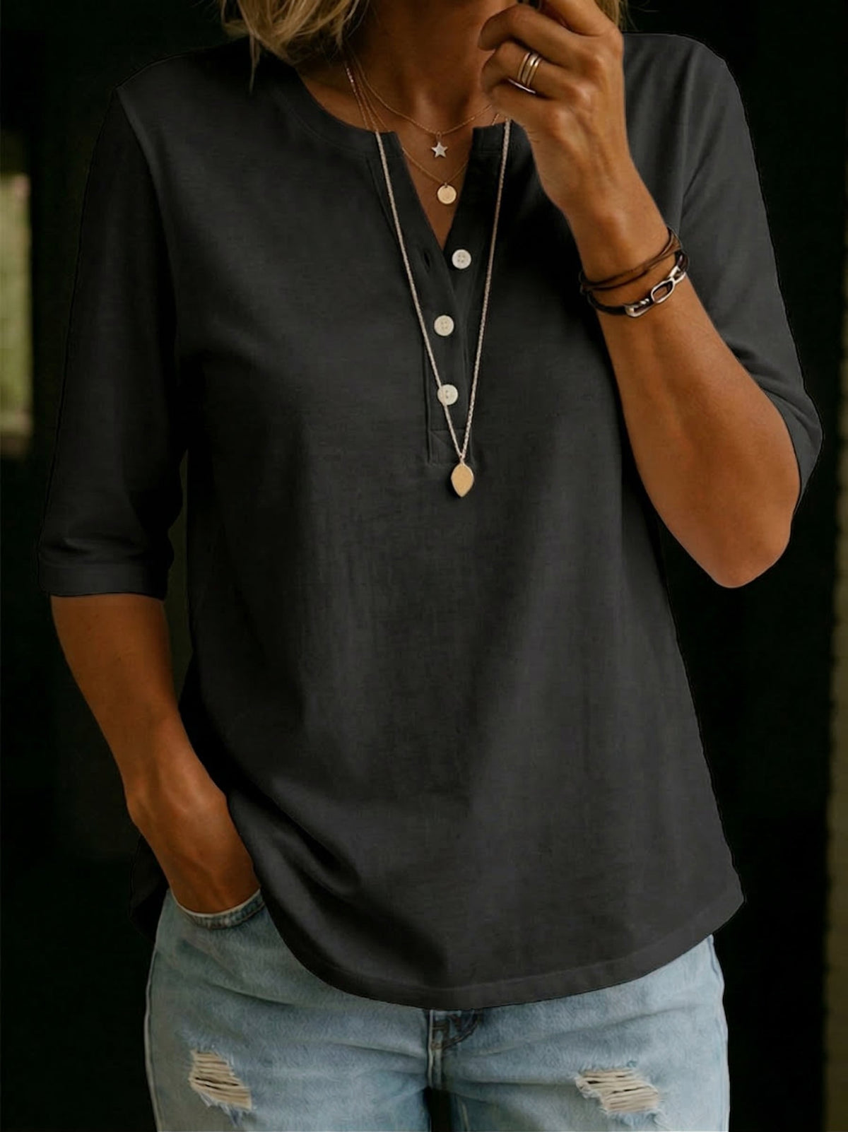 Ivy - Classic Henley Collar 100% Cotton T-shirt