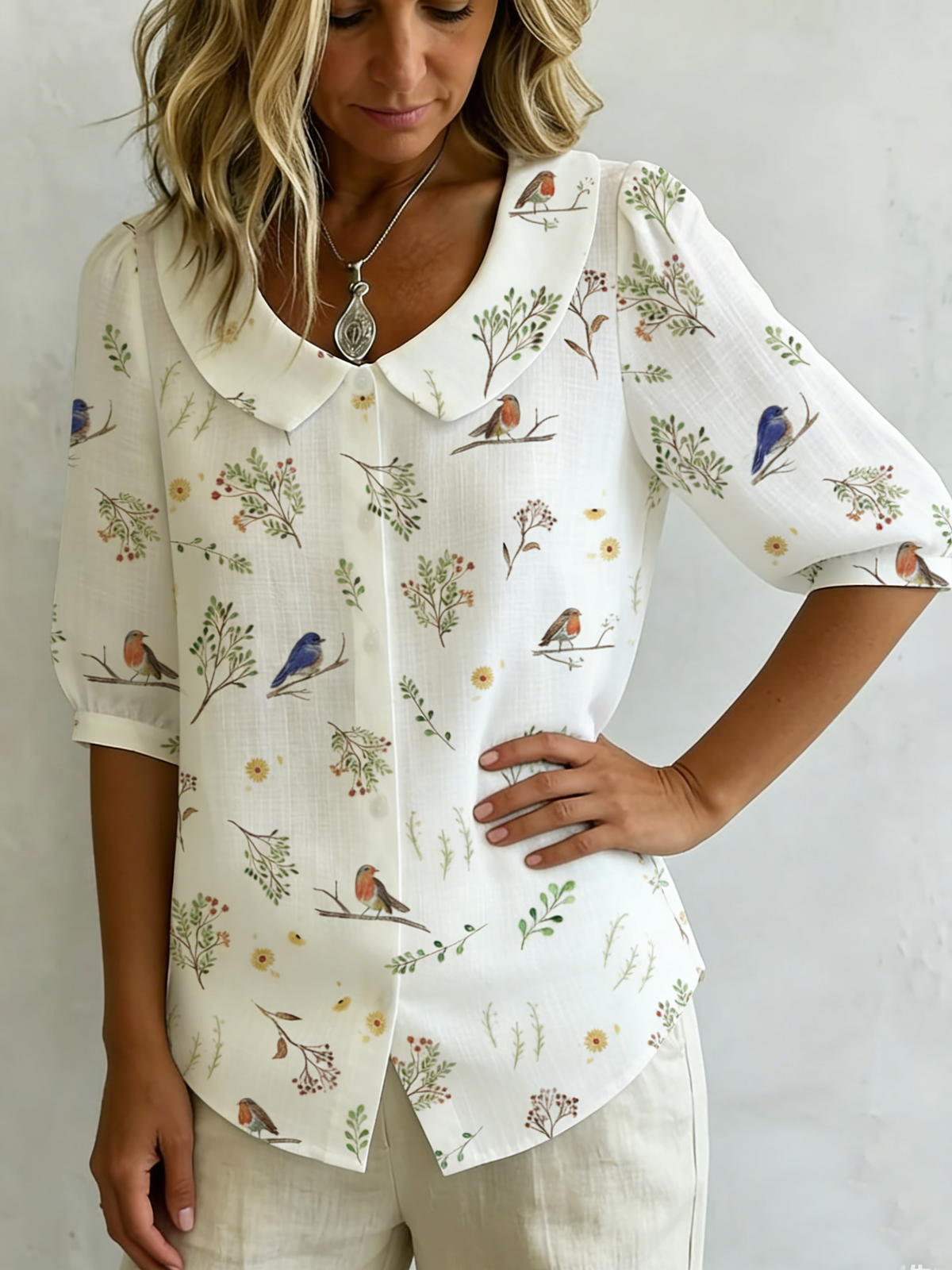 Meera | "Forest Whispers" Peter Pan Collar Linen-Cotton Shirt