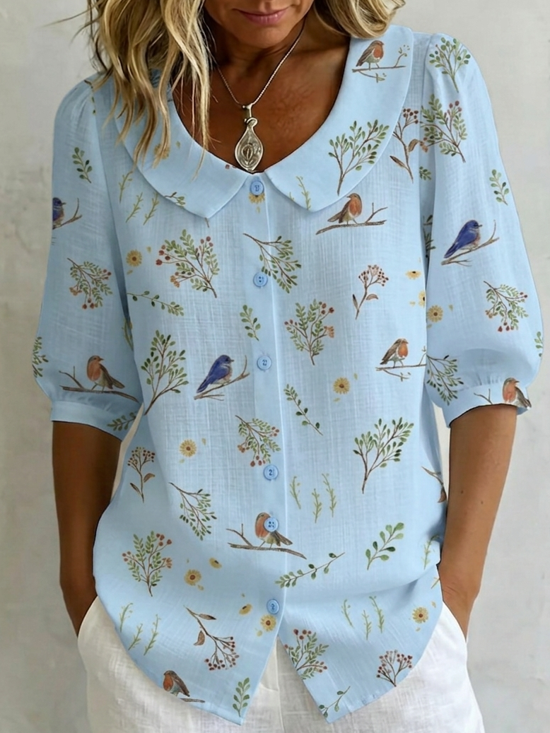 Amira | "Forest Whispers" Peter Pan Collar Linen-Cotton Shirt