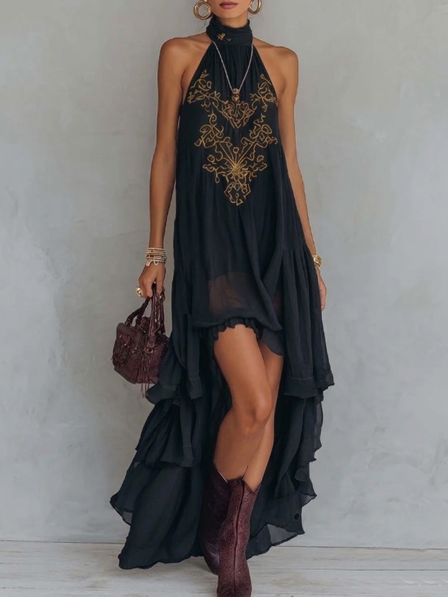 Sarah - Retro Halter Neck Irregular Ruffle Maxi Dress